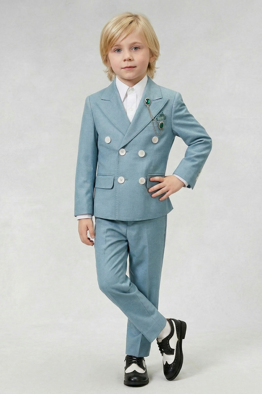 Gray-Blue Cotton And Linen Blend Double-Breasted 2-Piece Suit