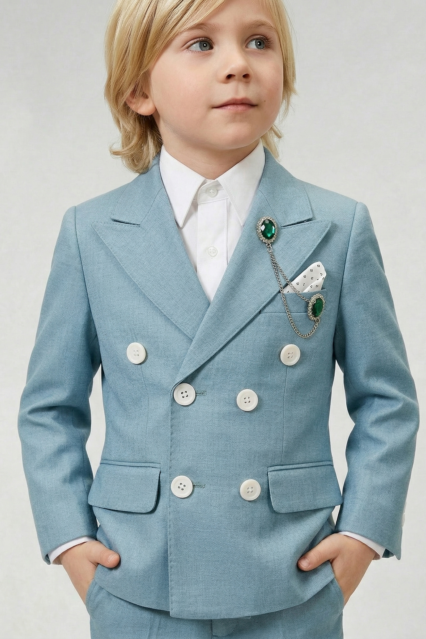 Gray-Blue Cotton And Linen Blend Double-Breasted 2-Piece Suit