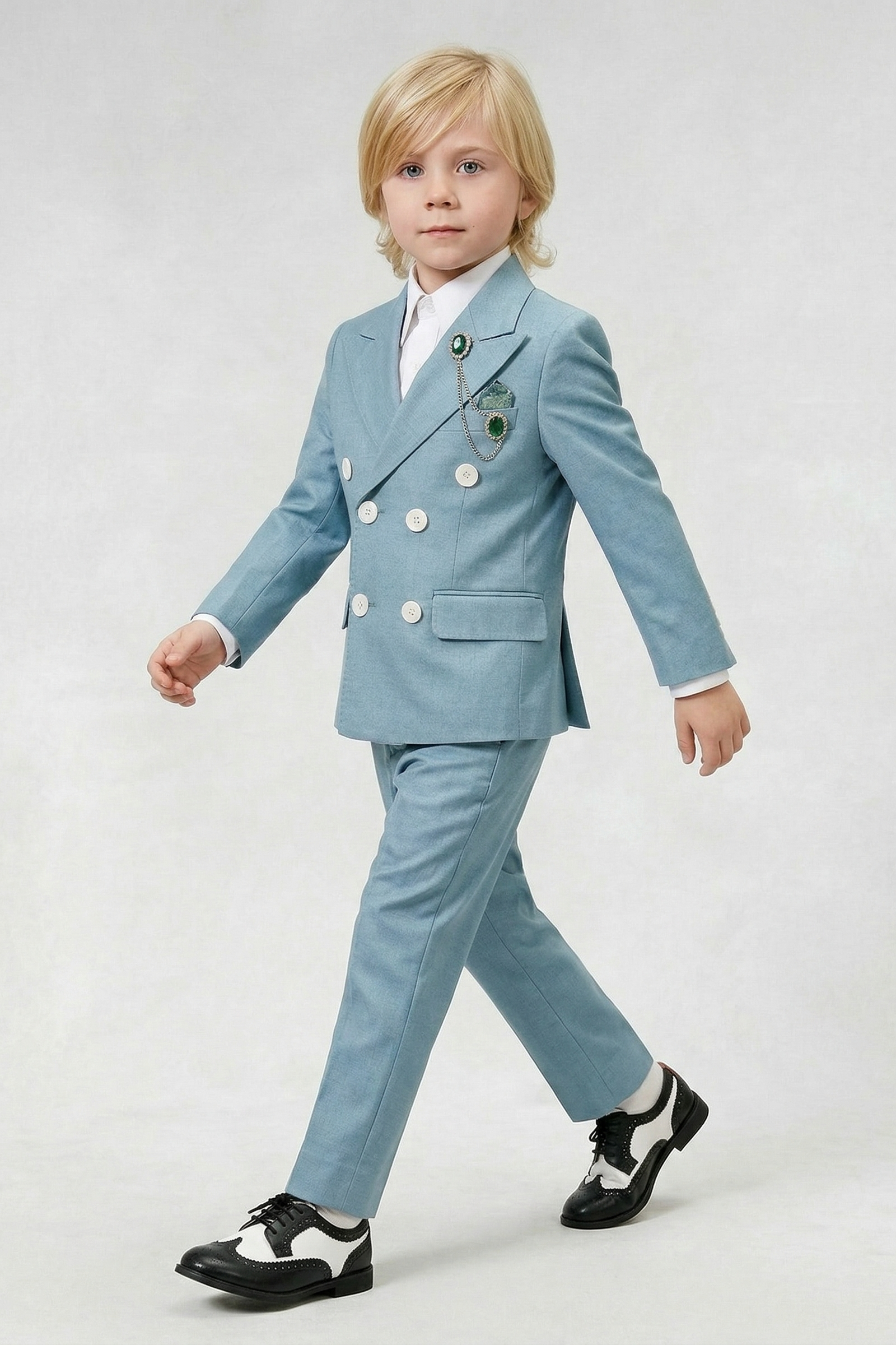 Gray-Blue Cotton And Linen Blend Double-Breasted 2-Piece Suit