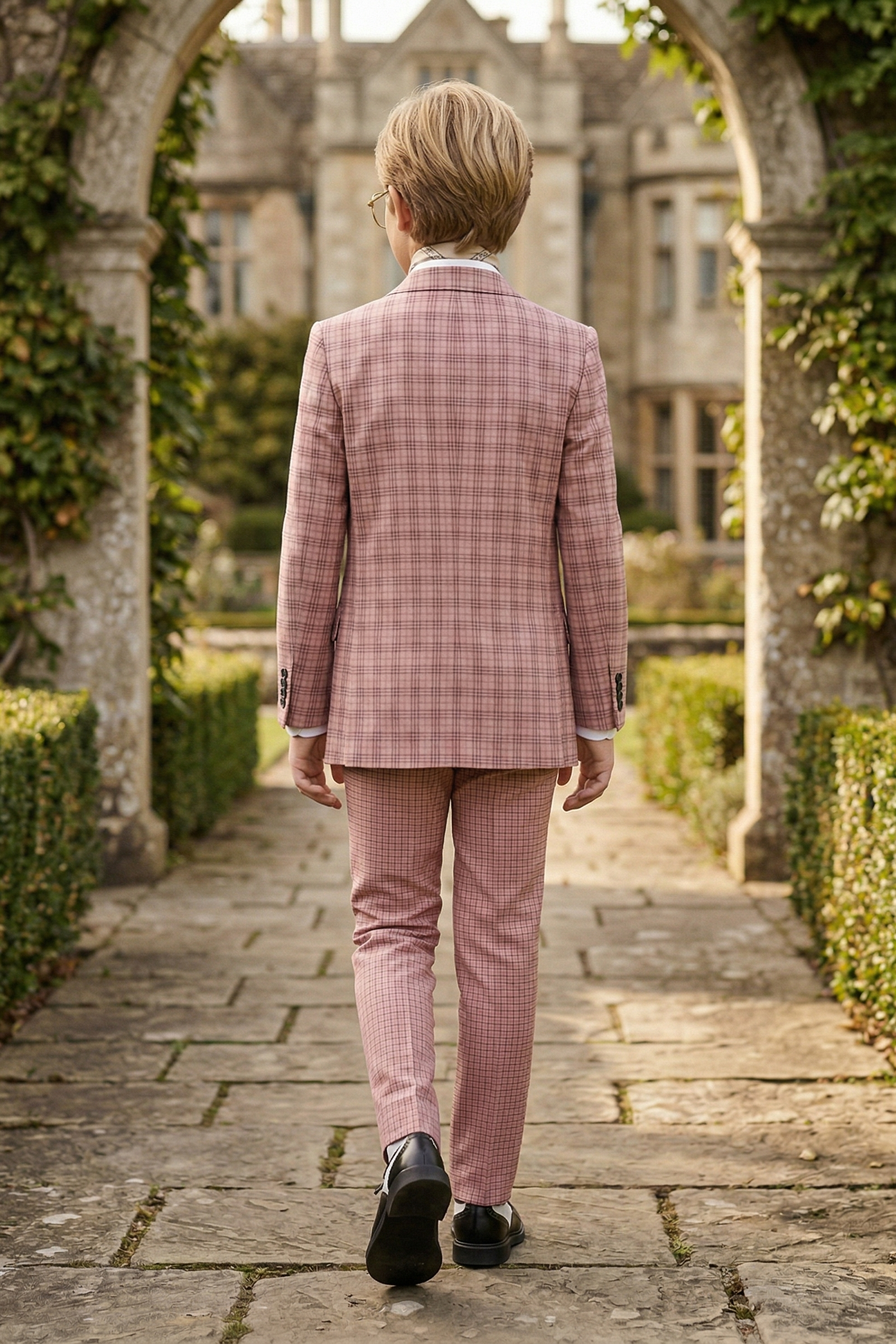 Gray-Pink Plaid Single-Breasted 3-Piece Suit