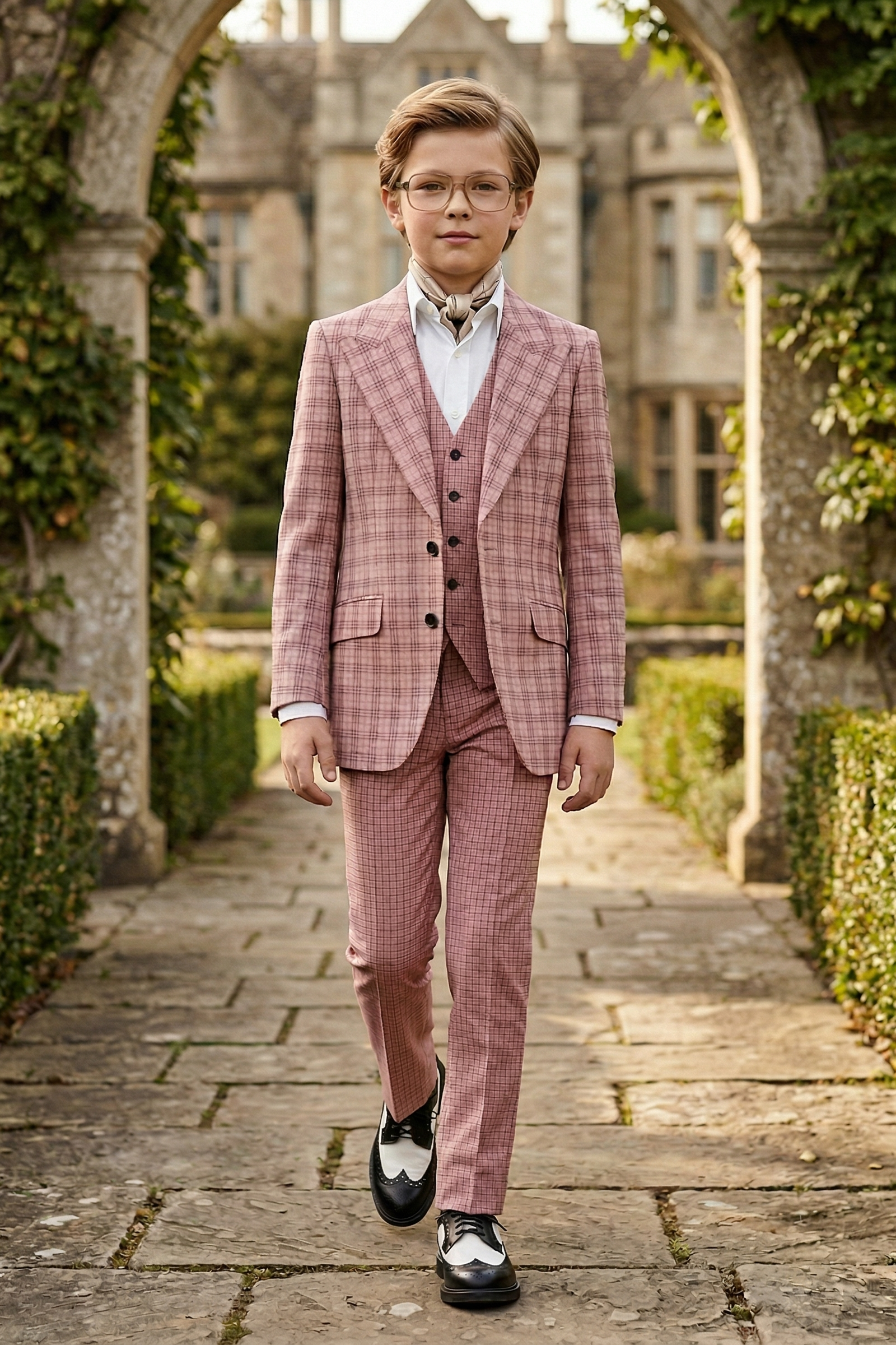 Gray-Pink Plaid Single-Breasted 3-Piece Suit