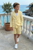 Load image into Gallery viewer, Boys Pale Yellow Double-Breasted Linen-Blend Shorts 2-piece Suit

