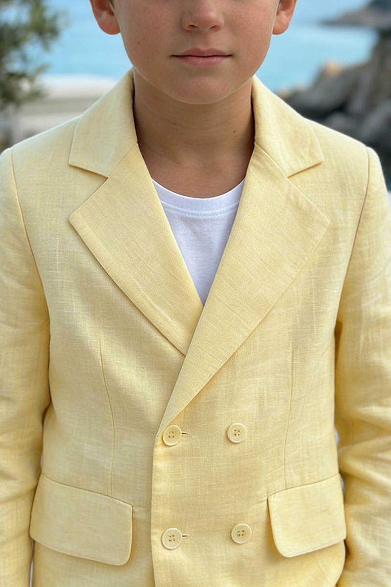Boys Pale Yellow Double-Breasted Linen-Blend Shorts 2-piece Suit