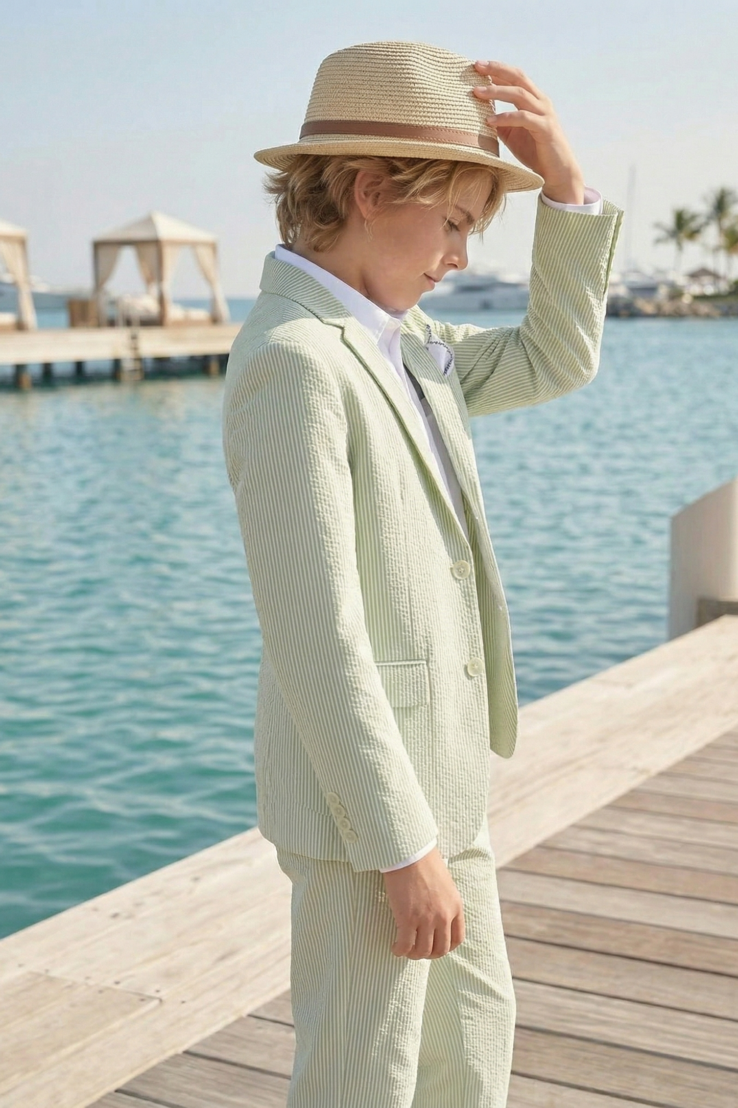 Light Green Striped Seersucker Single-Breasted 2-Piece Suit