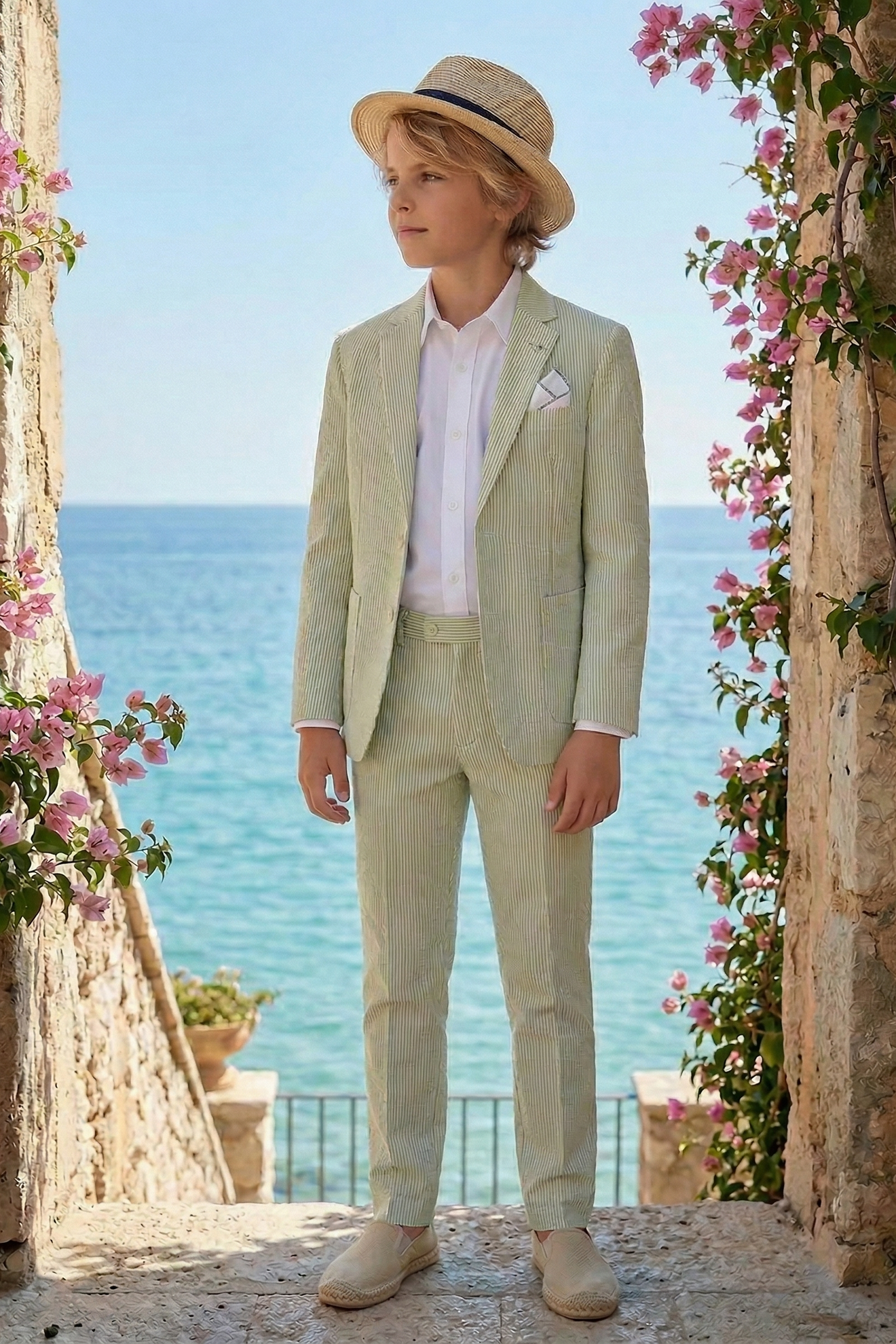 Light Green Striped Seersucker Single-Breasted 2-Piece Suit