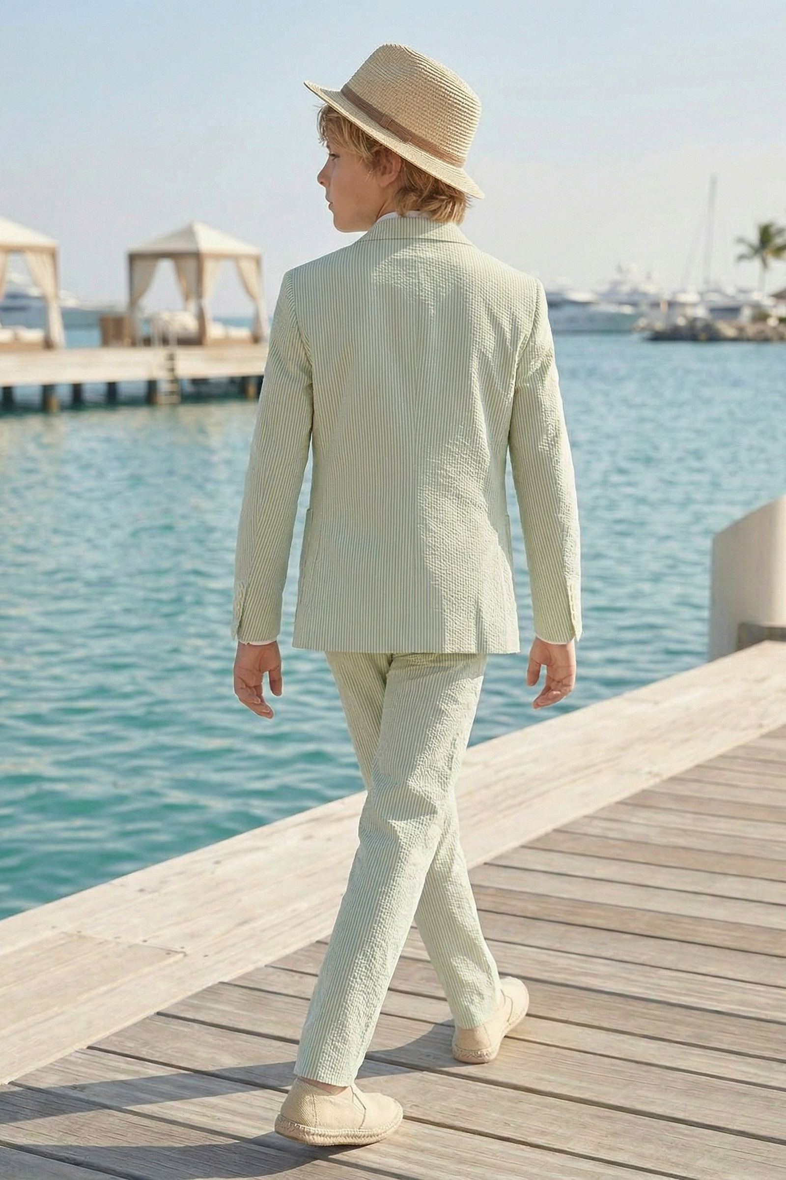 Light Green Striped Seersucker Single-Breasted 2-Piece Suit