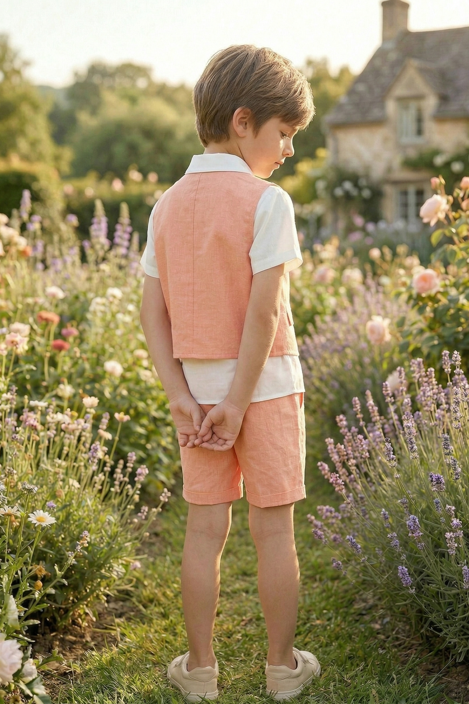 Light Orange Cotton-Linen Blend V-Neck Vest 2-Piece Set