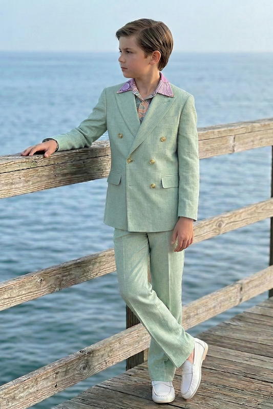 Mint Green Cotton-Linen Blend Double-Breasted 2-Piece Suit