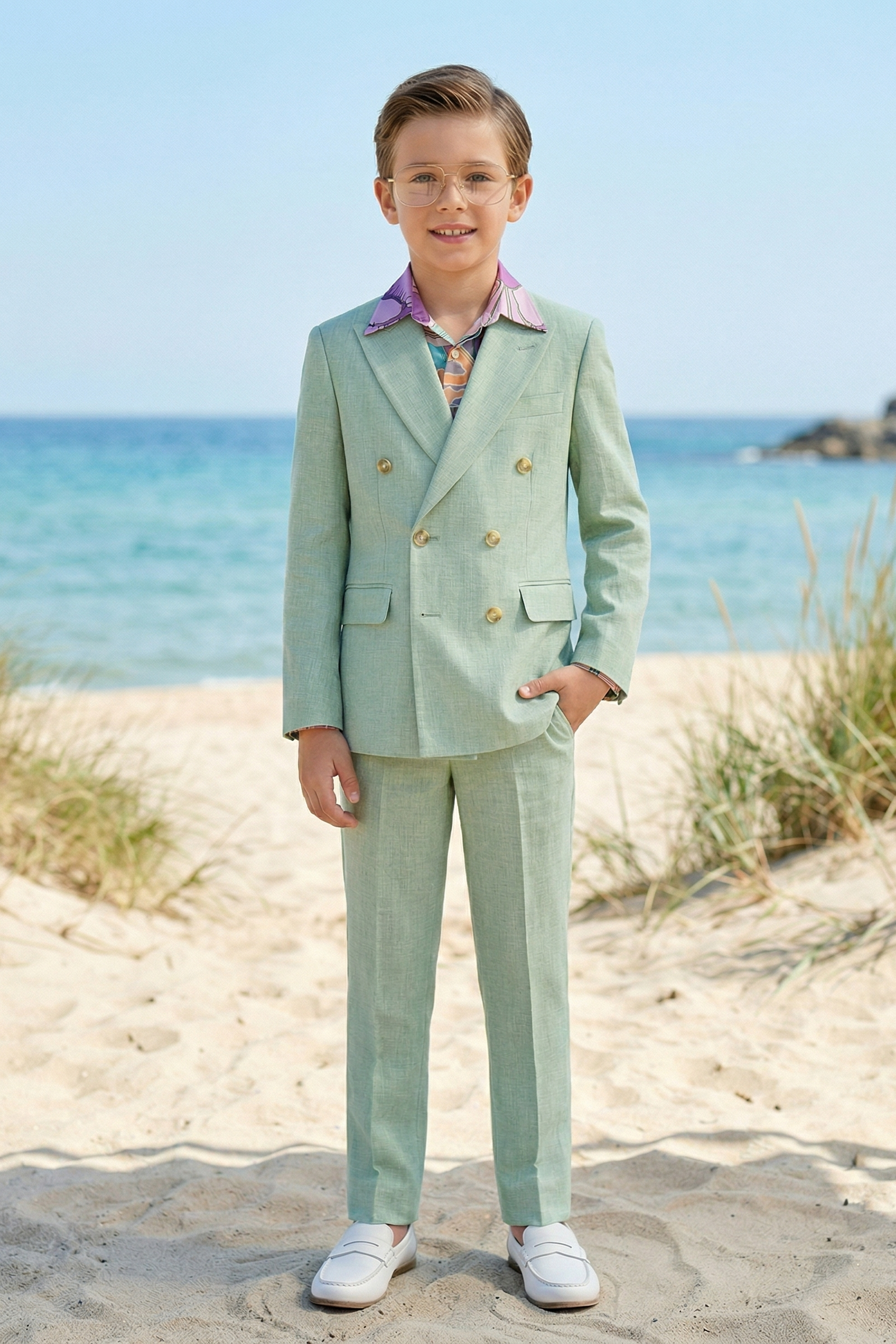 Mint Green Cotton-Linen Blend Double-Breasted 2-Piece Suit