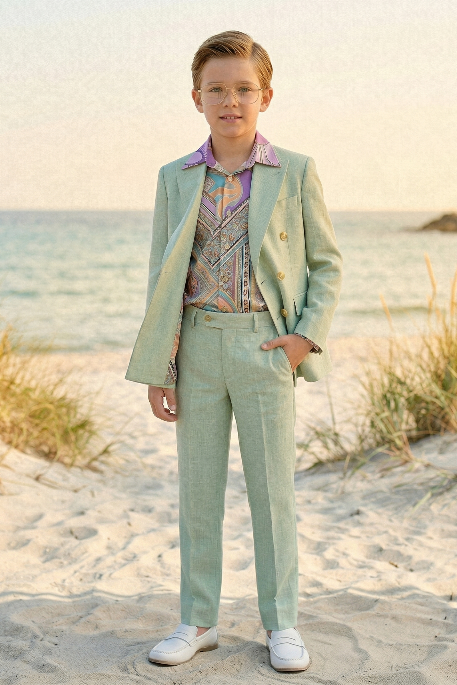 Mint Green Cotton-Linen Blend Double-Breasted 2-Piece Suit