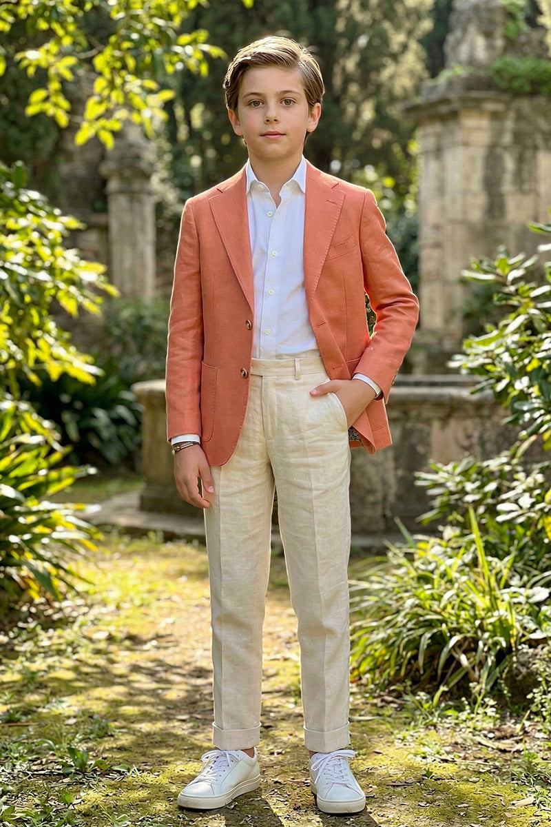 Boys Coral Linen Blazer & Beige Linen Trousers 2-piece Suit