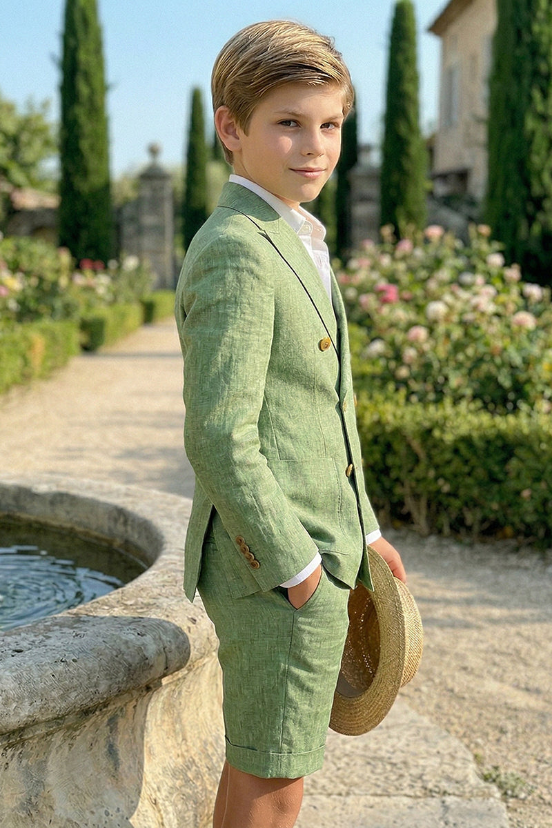 Boys Sage Green Linen Double-Breasted Shorts 2-piece Suit