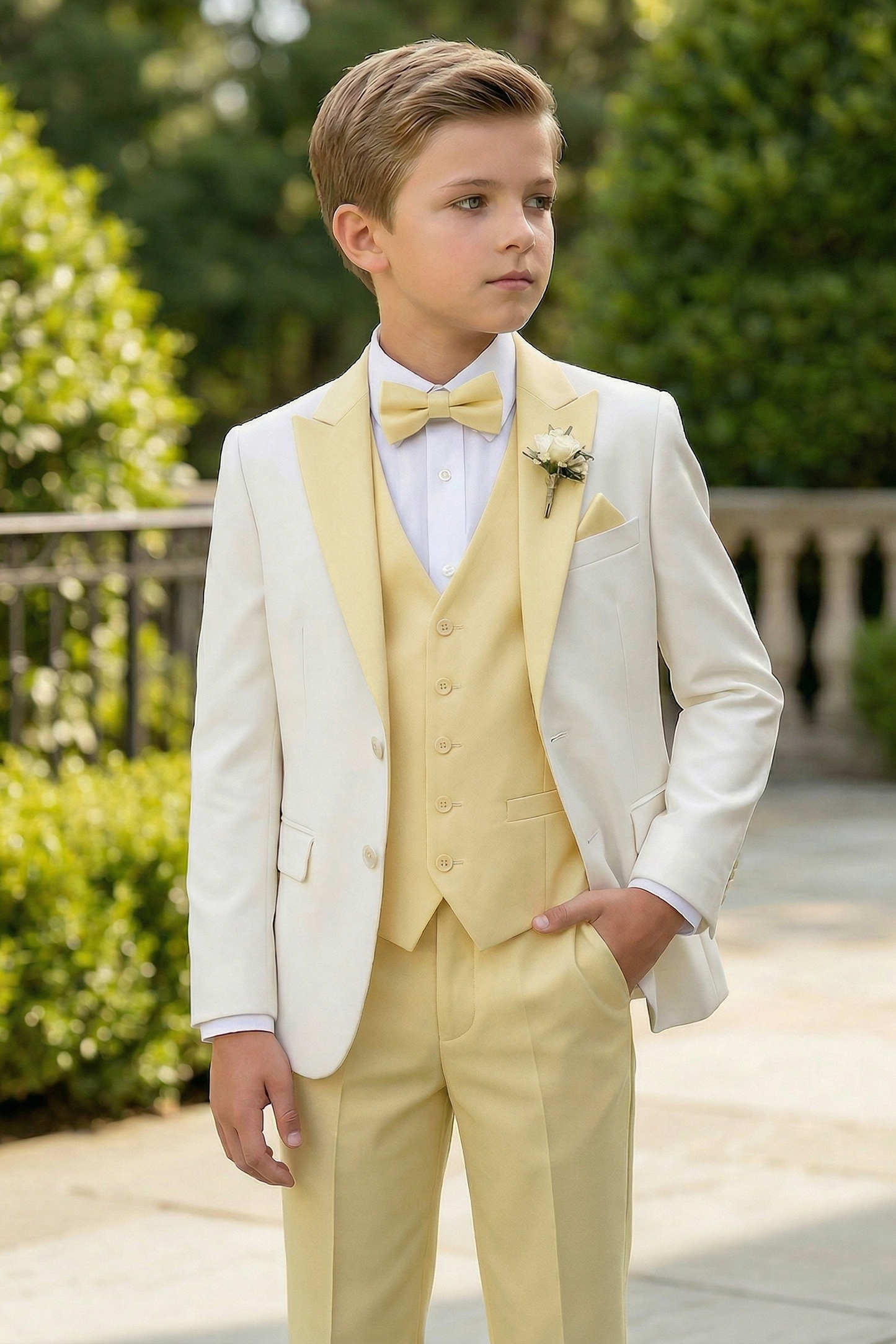 Pale Yellow And White Single-Breasted 3-Piece Suit