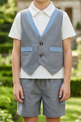 Load image into Gallery viewer, Dark Gray and Blue Cotton-Linen Blend 2-Piece Vest Set
