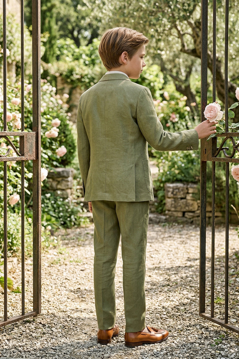 Boys Sage Green Linen-Blend Double-Breasted 2-piece Suit