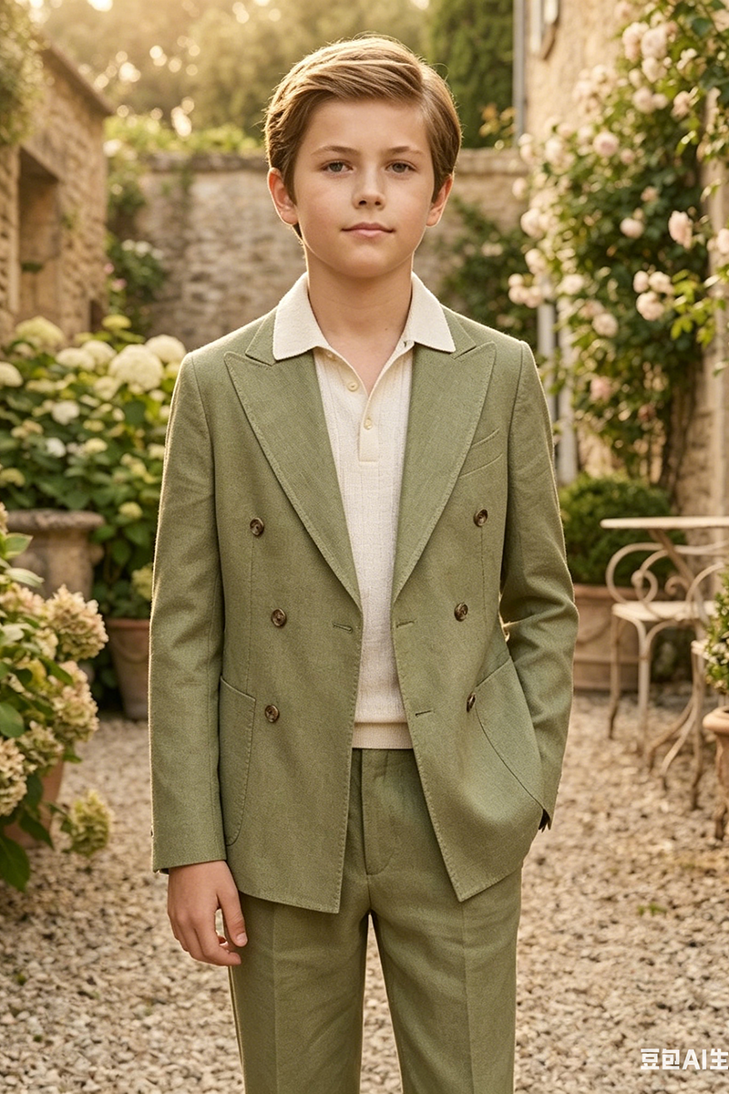 Boys Sage Green Linen-Blend Double-Breasted 2-piece Suit