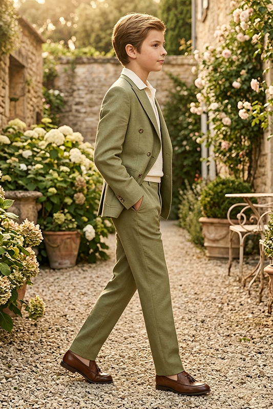 Boys Sage Green Linen-Blend Double-Breasted 2-piece Suit