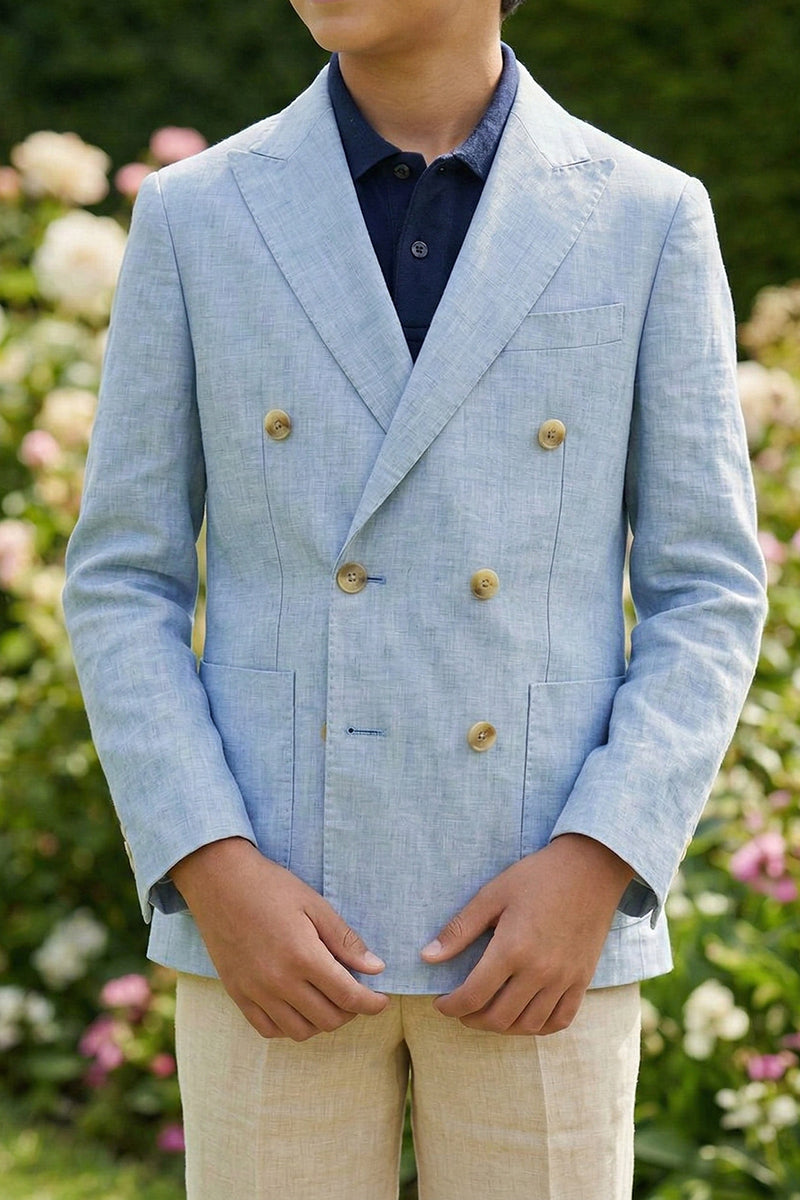 Boys Light Blue Linen-Blend Double-Breasted 2-piece Suit