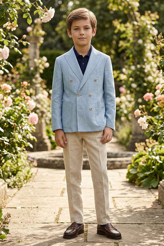 Boys Light Blue Linen-Blend Double-Breasted 2-piece Suit