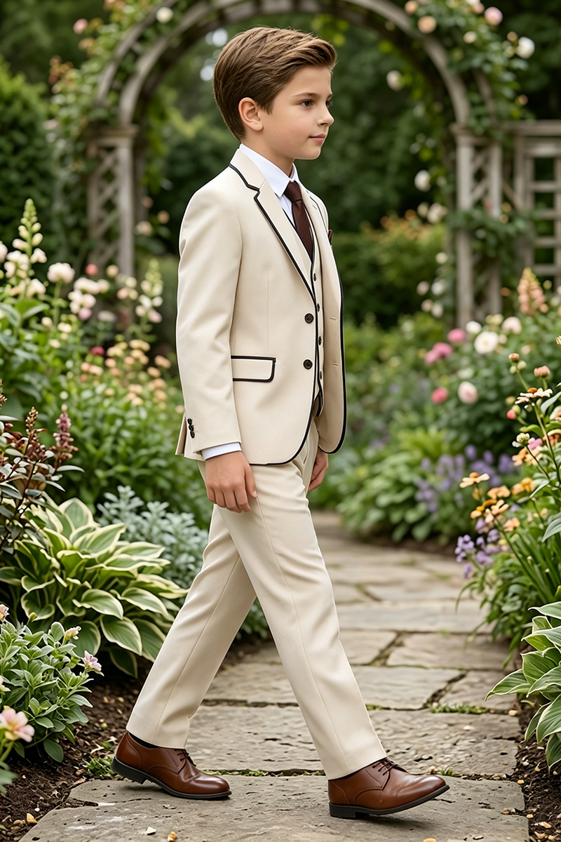 Boys Beige 3-Piece Suit with Black Piping for Garden Weddings