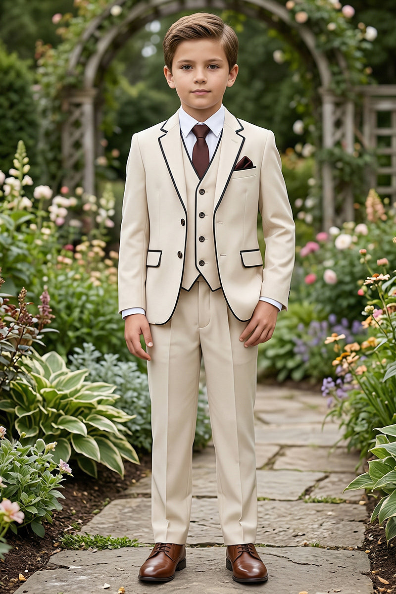 Boys Beige 3-Piece Suit with Black Piping for Garden Weddings