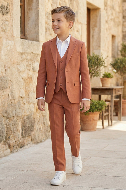 Boys Terracotta Linen-Blend 3-Piece Suit for Rustic Weddings
