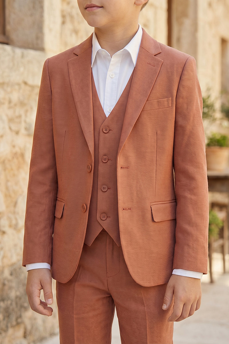 Boys Terracotta Linen-Blend 3-Piece Suit for Rustic Weddings