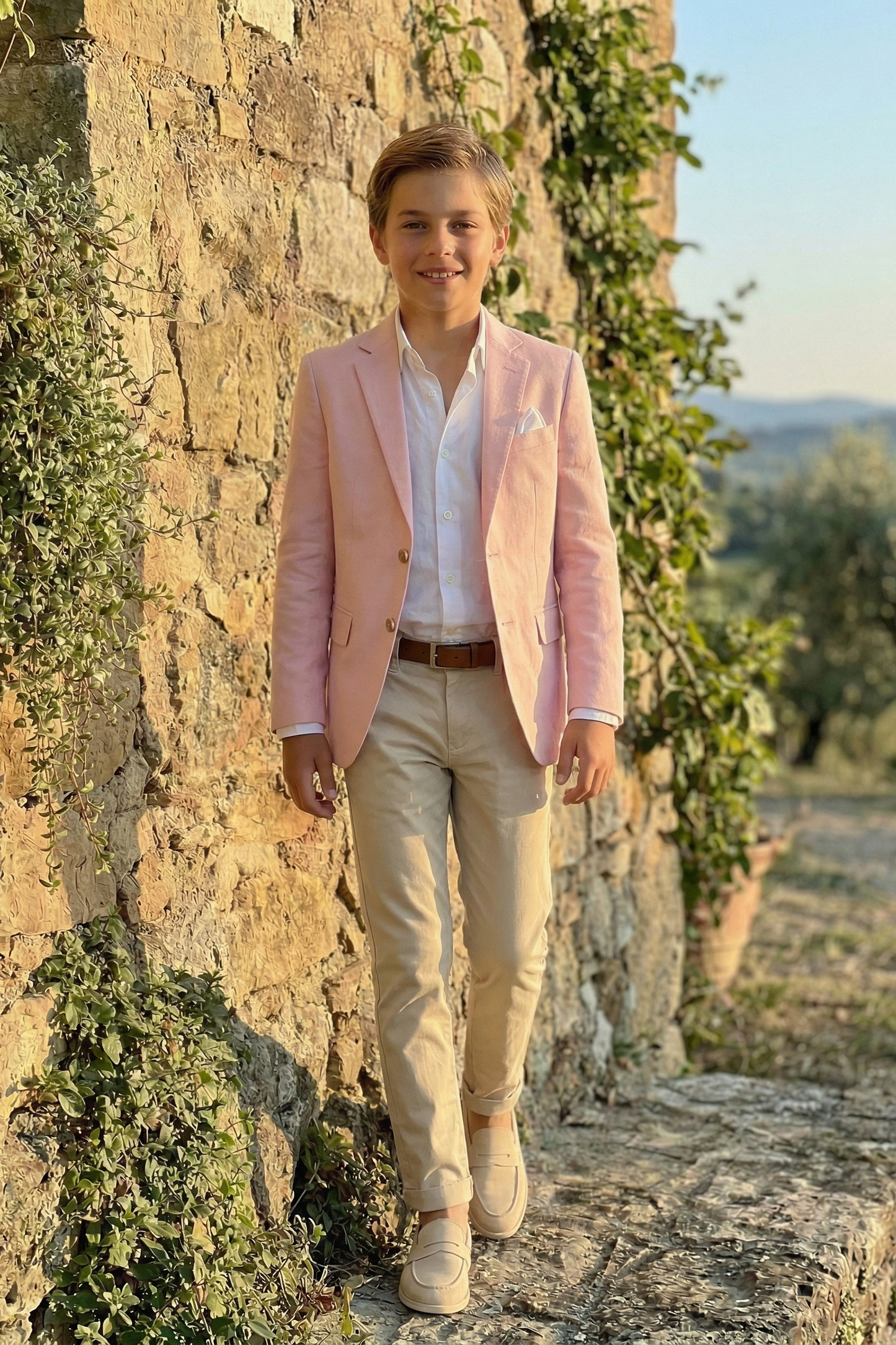 Pink and Khaki Cotton-Linen Single-Breasted 2-Piece Suit