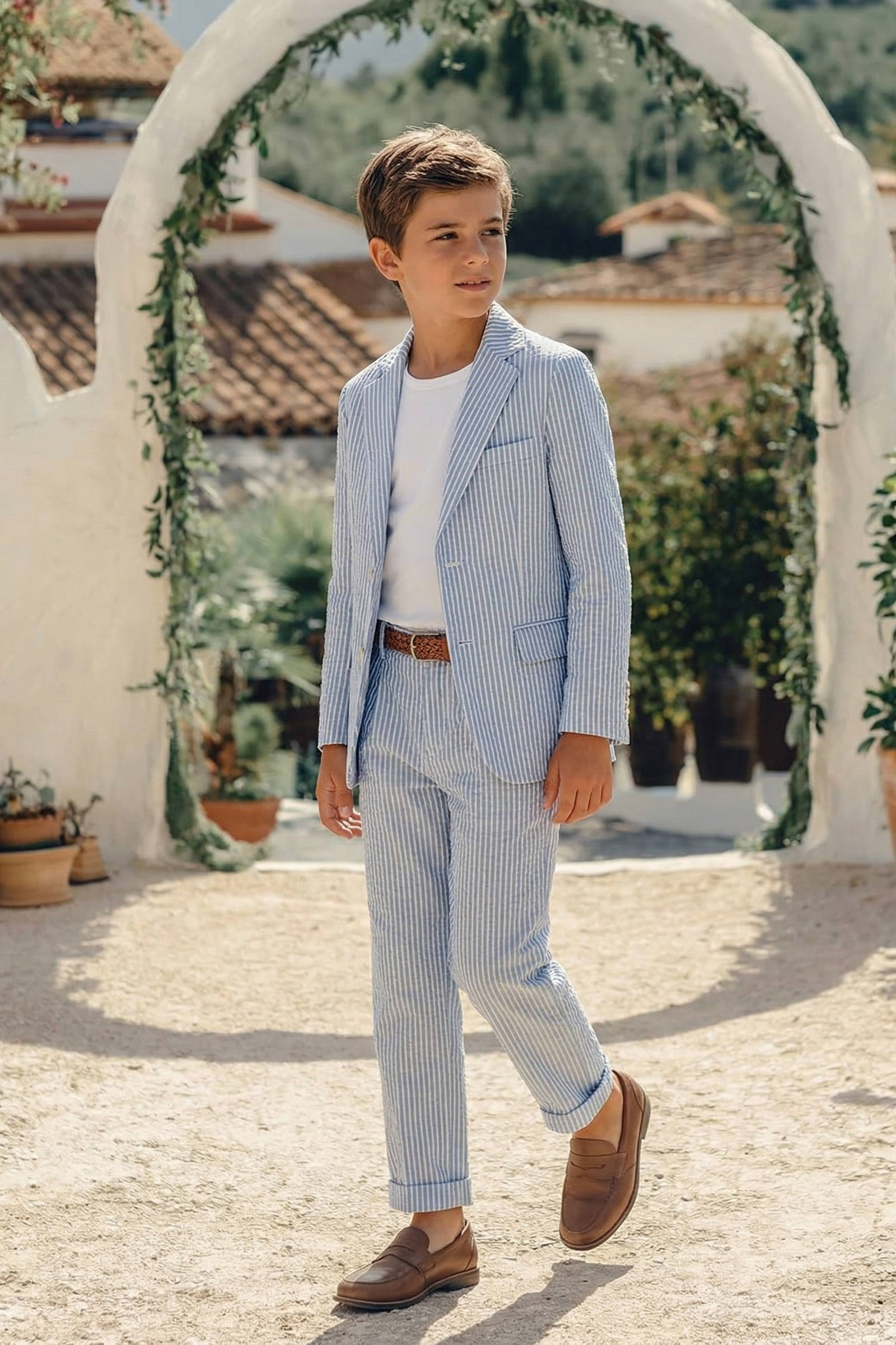 Blue Striped Seersucker Single-Breasted 2-Piece Suit