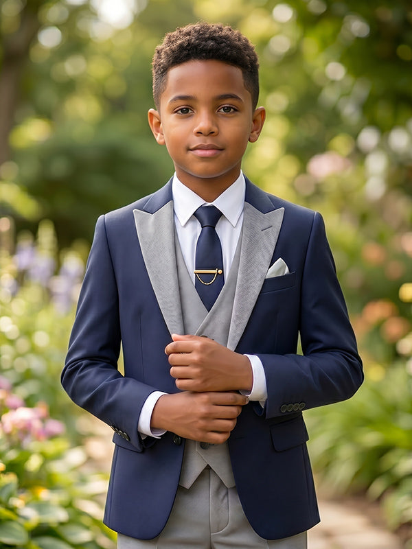 Boys Navy Blue & Grey 3-Piece Suit for Garden Weddings