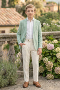 Load image into Gallery viewer, Boys Sage Green Linen Blazer & Cream Trousers 2-piece Suit
