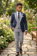 Boys Navy Blue & Grey 3-Piece Suit for Garden Weddings