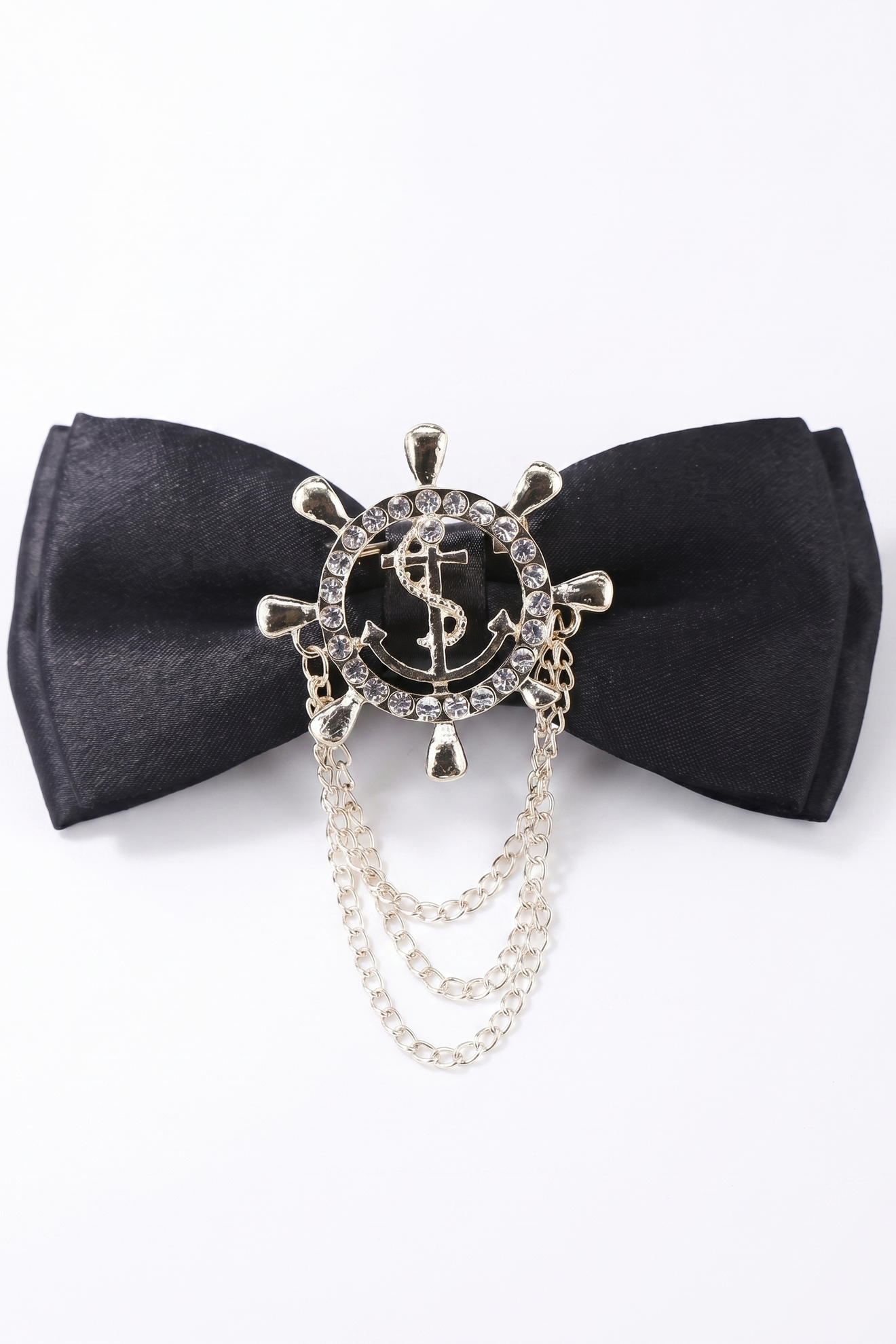 Boys Black Satin Nautical Brooch Bow Tie