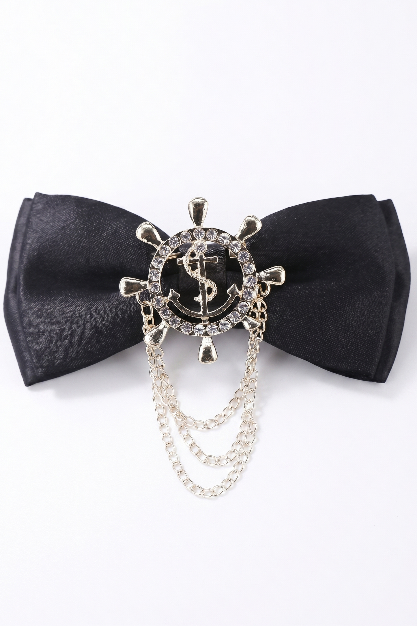 Boys Black Satin Nautical Brooch Bow Tie