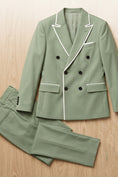 Load image into Gallery viewer, Boys Sage Green Double-Breasted with White Piping 2-piece Suit
