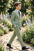 Load image into Gallery viewer, Boys Sage Green Double-Breasted with White Piping 2-piece Suit
