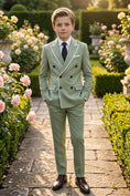 Load image into Gallery viewer, Boys Sage Green Double-Breasted with White Piping 2-piece Suit
