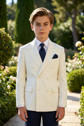 Load image into Gallery viewer, Boys Ivory Double-Breasted Blazer with Navy Trousers 2-piece Suit
