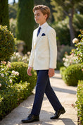 Load image into Gallery viewer, Boys Ivory Double-Breasted Blazer with Navy Trousers 2-piece Suit
