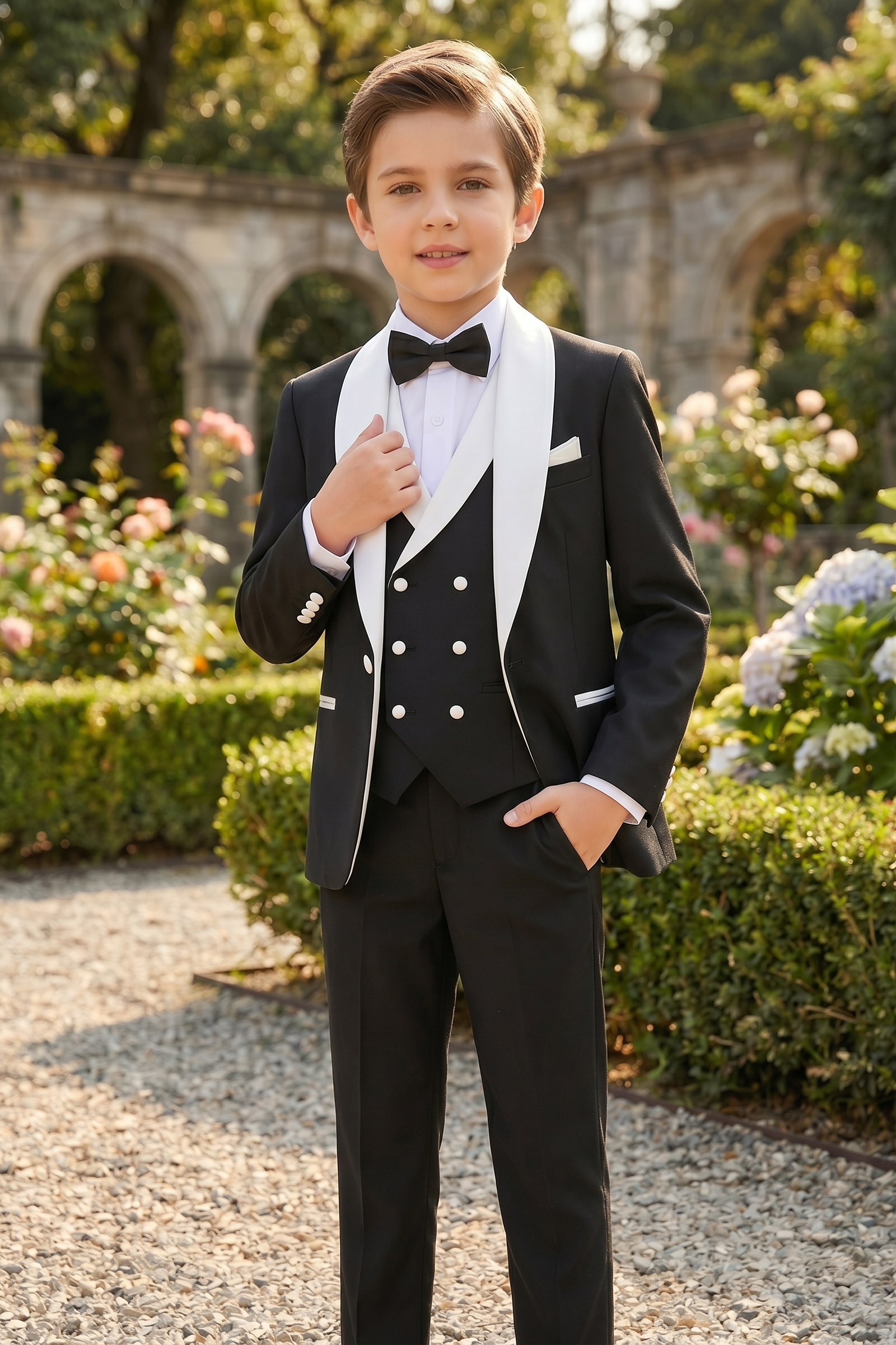 Black And White Shawl Collar Double-Breasted 3-Piece Suit