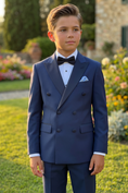 Load image into Gallery viewer, Navy Blue Blended Satin Double-Breasted 2-Piece Suit
