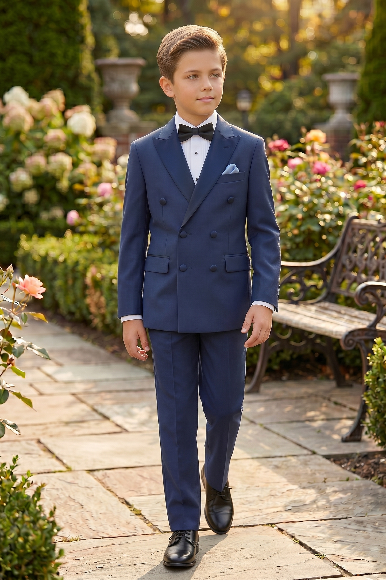 Navy Blue Blended Satin Double-Breasted 2-Piece Suit