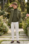 Load image into Gallery viewer, Olive Green Cotton And Linen Double-Breasted Suit Jacket
