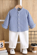 Load image into Gallery viewer, Blue And White Striped Cotton And Linen Long-Sleeved Shirt
