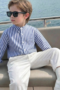 Load image into Gallery viewer, Blue And White Striped Cotton And Linen Long-Sleeved Shirt
