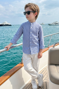 Load image into Gallery viewer, Blue And White Striped Cotton And Linen Long-Sleeved Shirt
