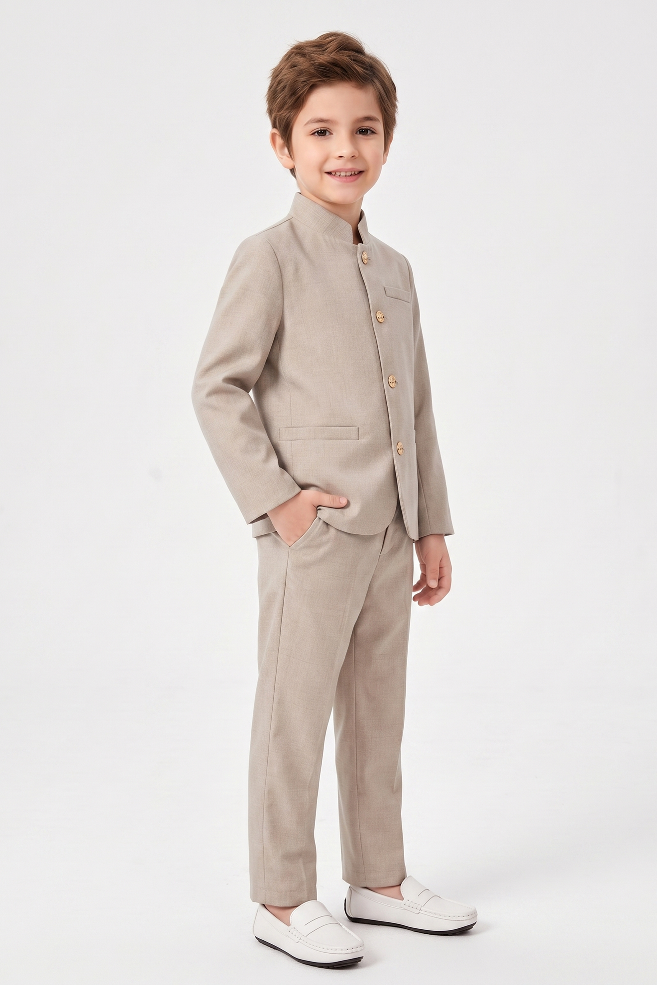 Oatmeal-Colored Cotton-Linen Single-Breasted 2-Piece Suit