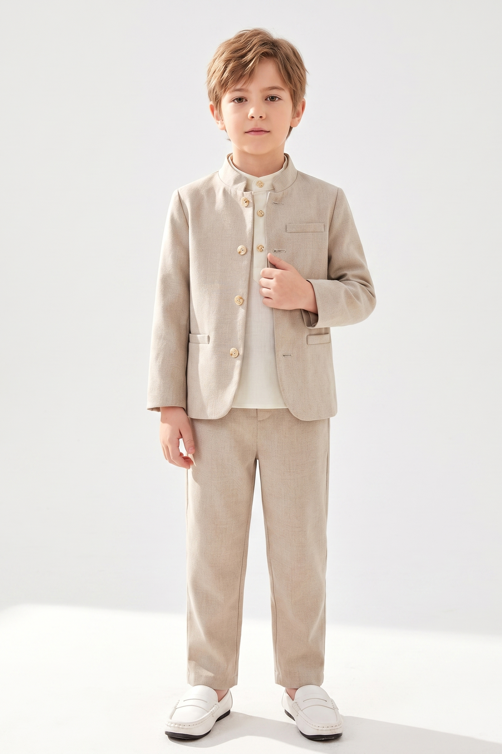 Oatmeal-Colored Cotton-Linen Single-Breasted 2-Piece Suit