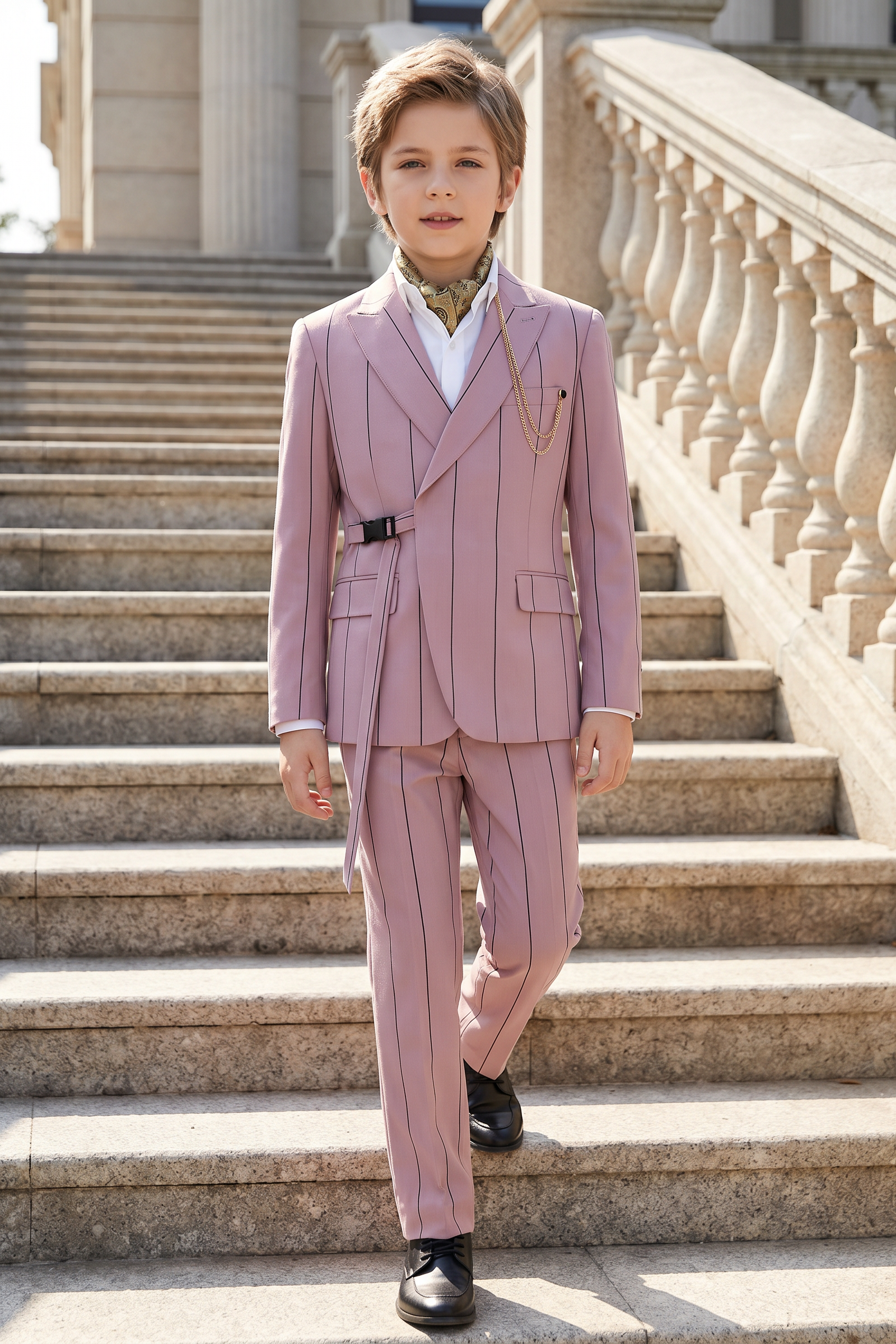 Pink Striped Adjustable Belted 2-Piece Suit