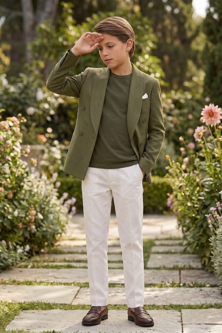 Olive Green Cotton And Linen Double-Breasted 2-Piece Suit